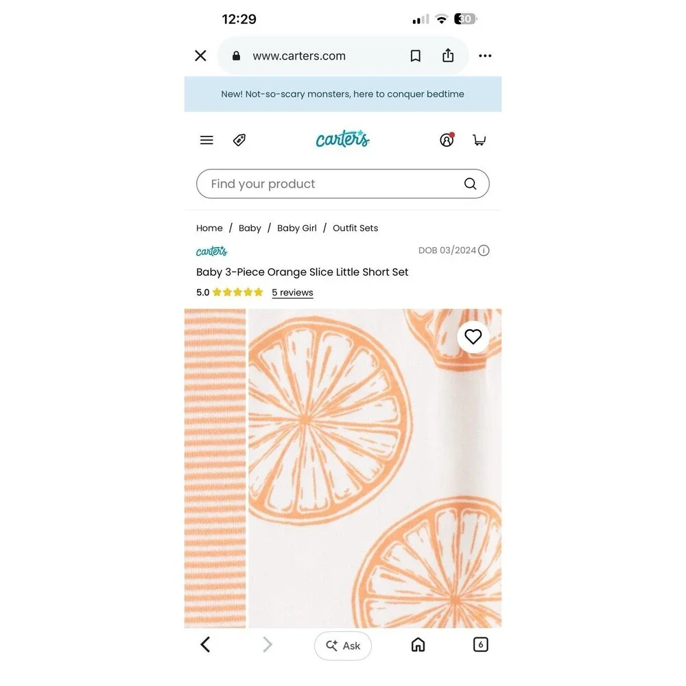 Carters 3 Piece Orange Slice Short Set Sz 12 M